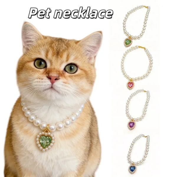 An orange tabby cat wearing a pearl necklace, with several strands of pearls displayed next to it.