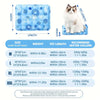 A set of pet cooling mats in various sizes M, L, XL, and XXL with corresponding weight and recommended water volume informati