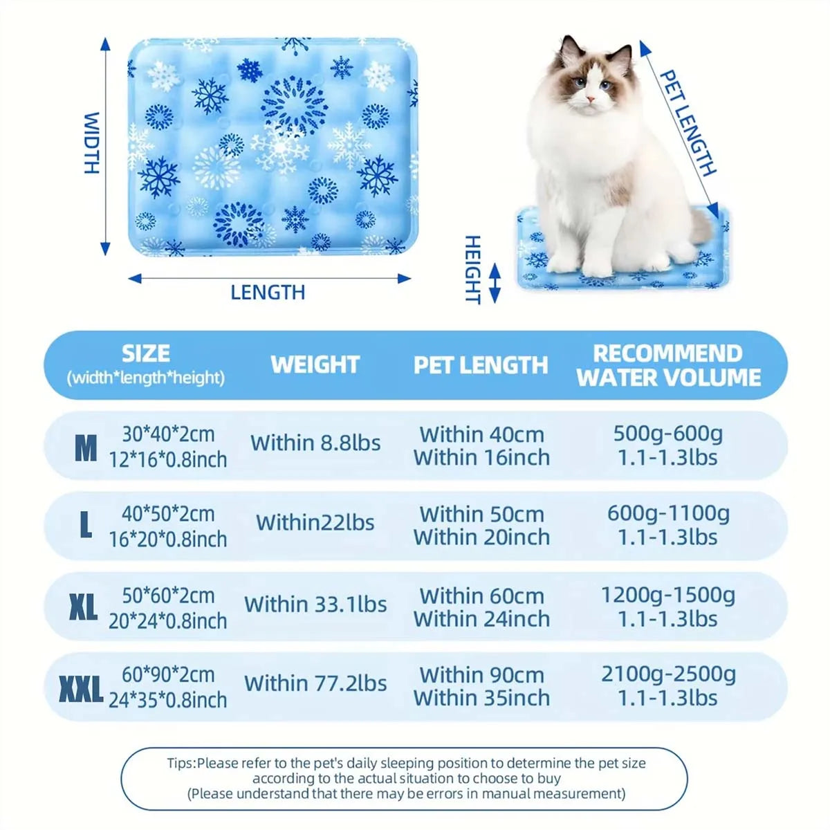A set of pet cooling mats in various sizes M, L, XL, and XXL with corresponding weight and recommended water volume informati