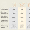Diagram showing crate size guidelines for various dog breeds, including height and length measurements.