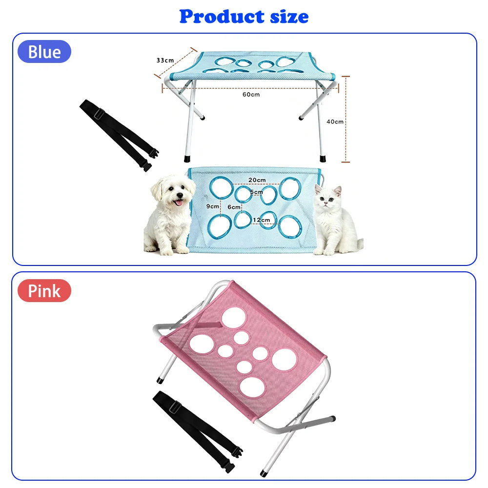 Blue and pink portable pet grooming hammock stands shown with various sized pets.