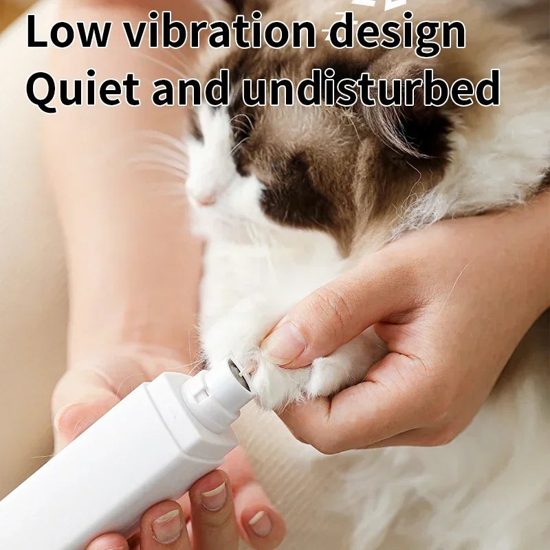 A person is using a white pet nail grinder on a cat's paw.