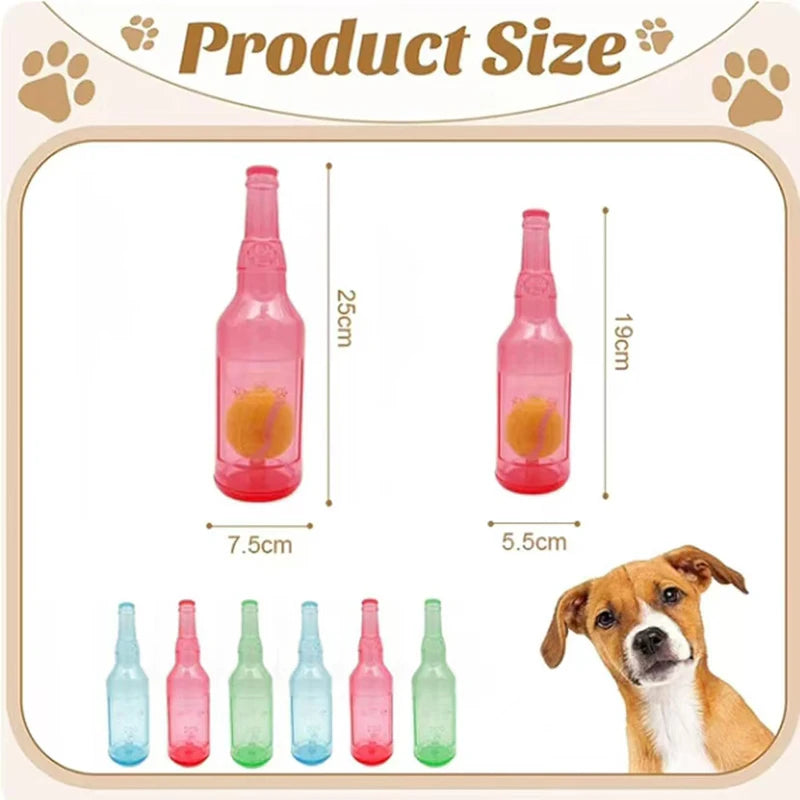 Various sizes of pink and green squeaky tennis ball chew toys for dogs shown next to a dog.