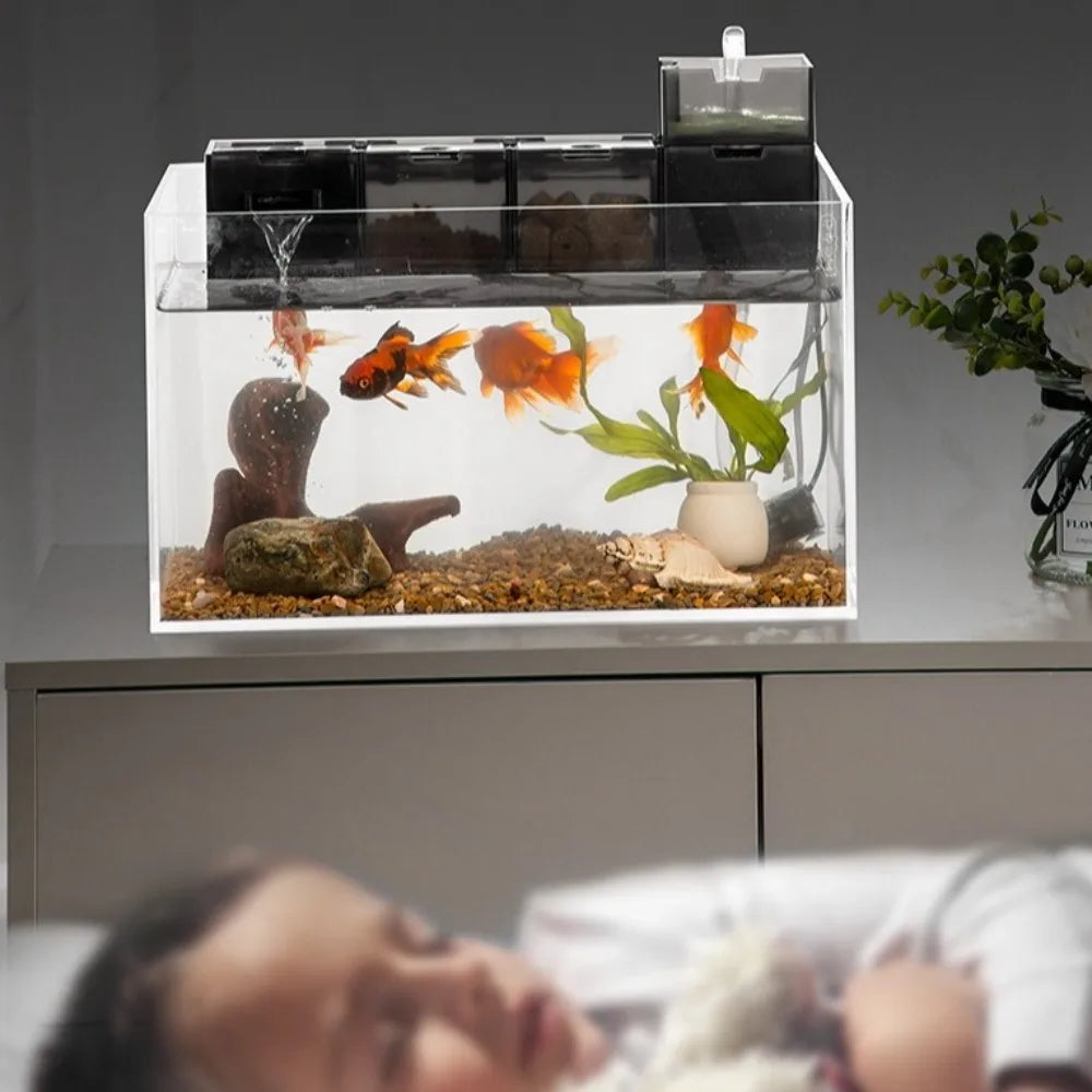 A clear aquarium filter setup featuring a tank with fish, rocks, and plants.
