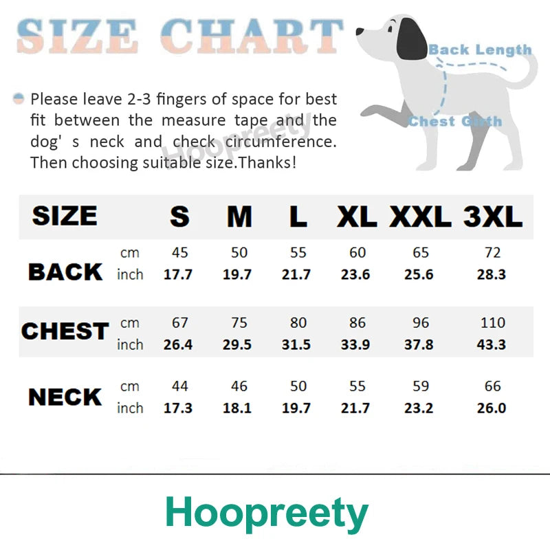 Size chart for a thick thermal fleece dog sweater showing measurements for back, chest, and neck in centimeters and inches.