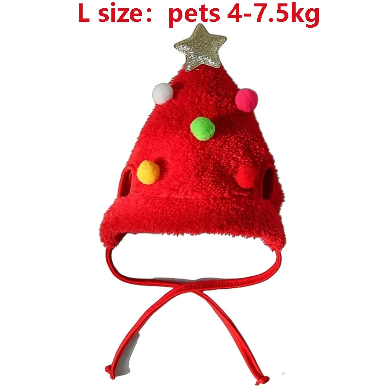 Disfraz de árbol de Navidad peludo rojo para gatos con decoración de estrella y collar rojo