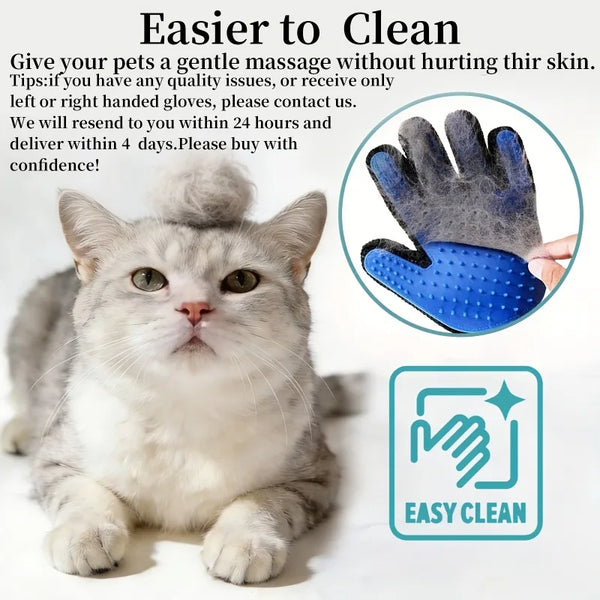 A fluffy gray cat looking at a blue silicone pet massage glove with a hand on it.