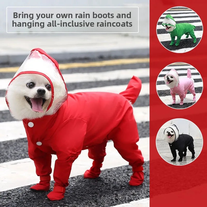 Un imperméable rouge pour petit chien marchant sur l'asphalte, avec d'autres imperméables exposés.