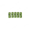 Five green cylindrical containers of cat litter or product refills arranged in a row.