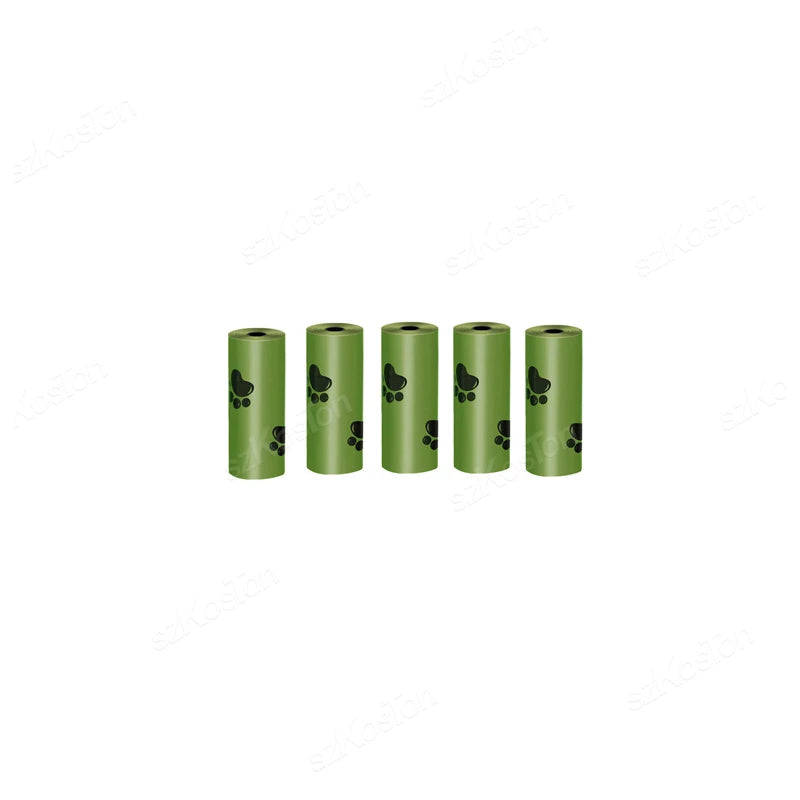 Five green cylindrical containers of cat litter or product refills arranged in a row.