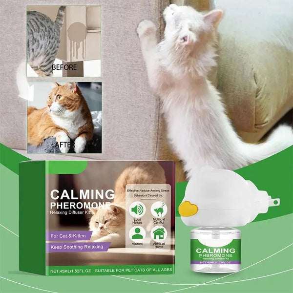 A white fluffy cat is shown next to a diffuser kit for calming pheromone relief.