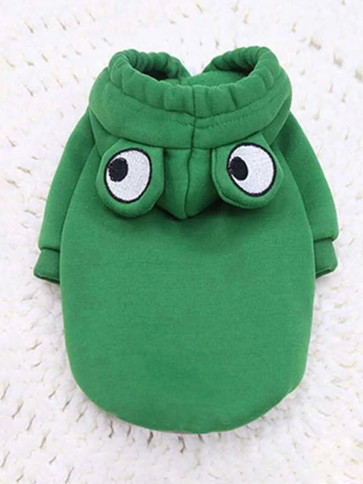 A green frog-themed pet sweater for dogs with large, expressive eyes.