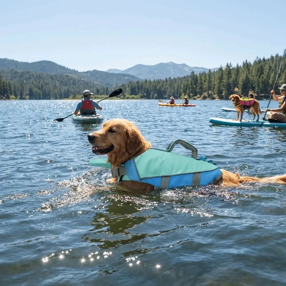A golden retriever wearing a blue life jacket swims on the water with other people and dogs.