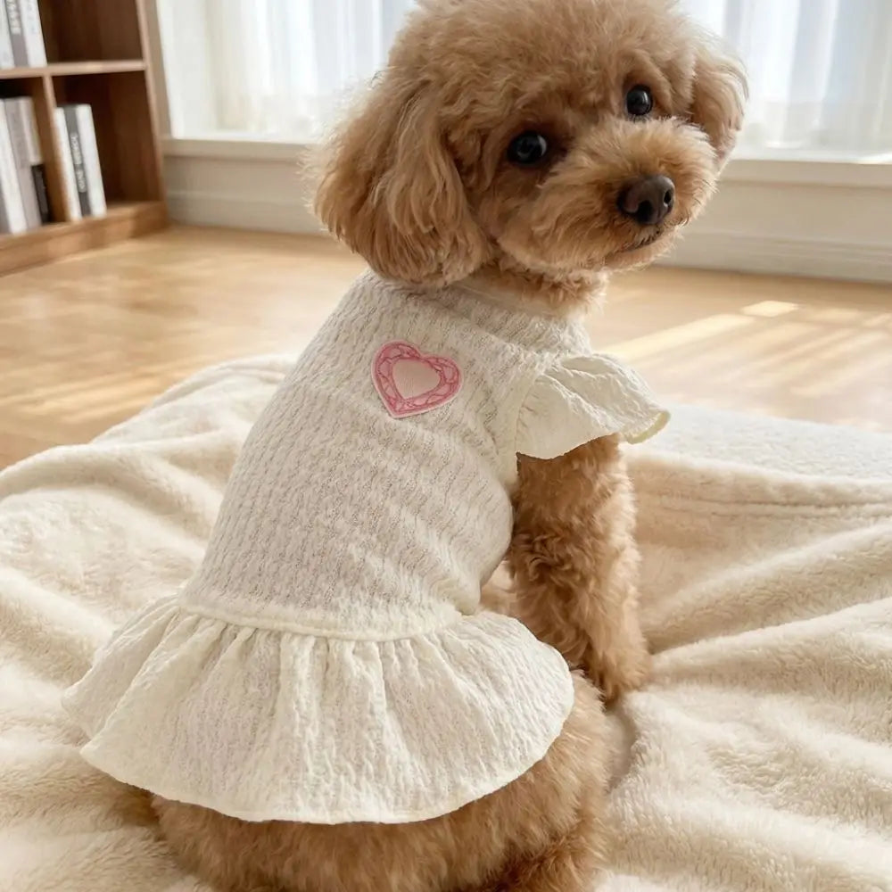 Un chien beige clair portant une robe blanche avec des détails de cœurs roses et des manches froncées.