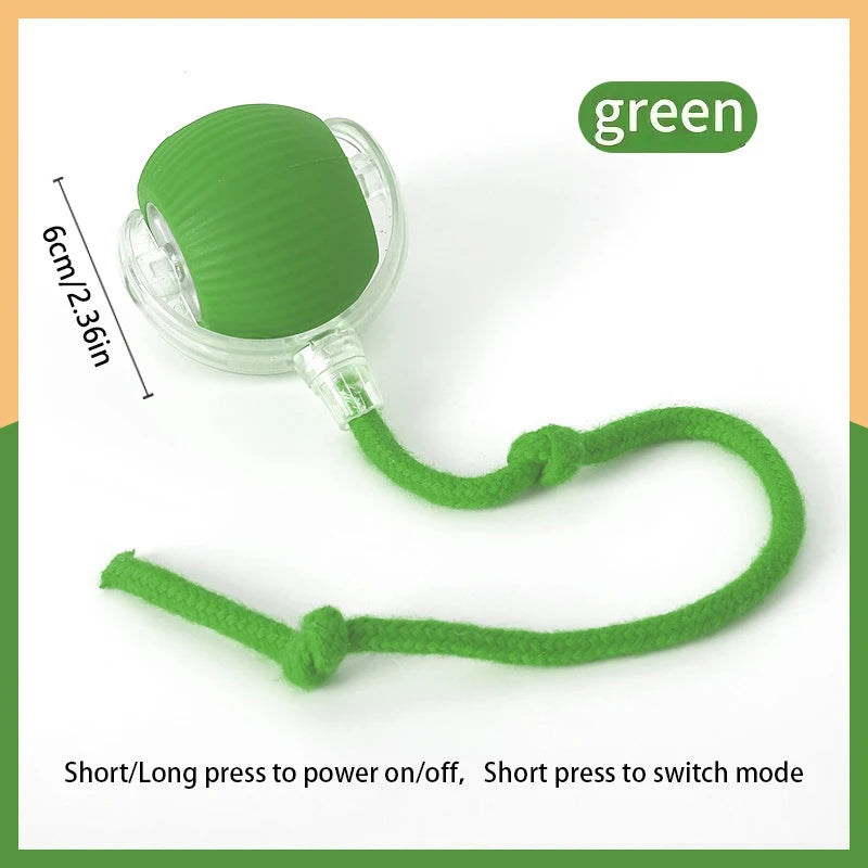 Green automatic electric cat ball toy with a clear housing and a green cord for interactive play