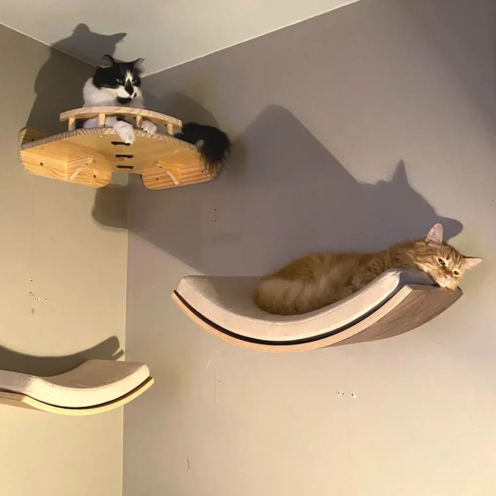A cat is perched on a natural wooden wall shelf and climbing perch mounted on a light gray wall.
