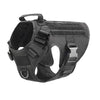 Black tactical dog harness with collar and MOLLE pouches shown from above