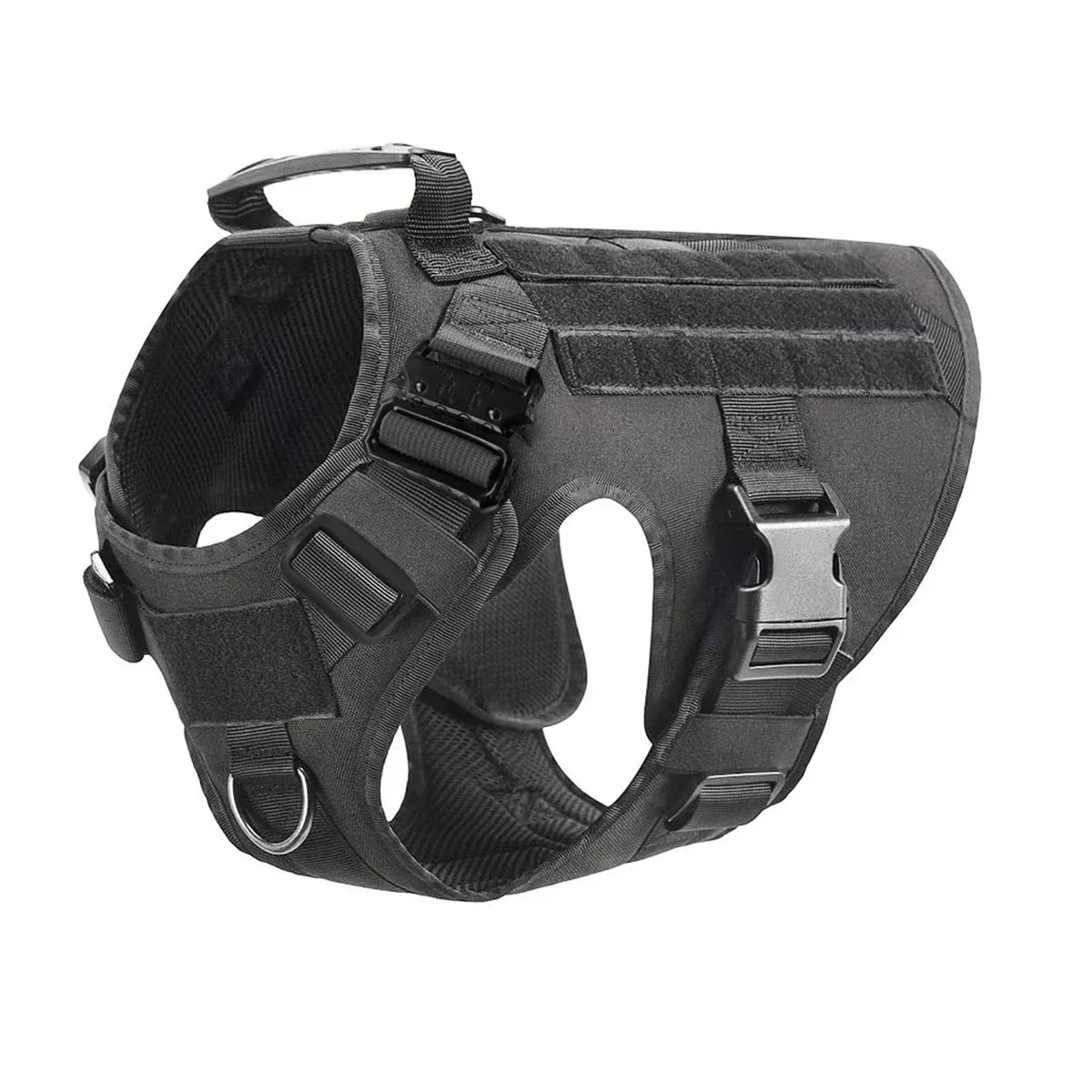 Black tactical dog harness with collar and MOLLE pouches shown from above