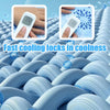A white pet cooling mat is shown being used to cool a dog or cat, with a digital thermometer displaying 37.0 degrees.