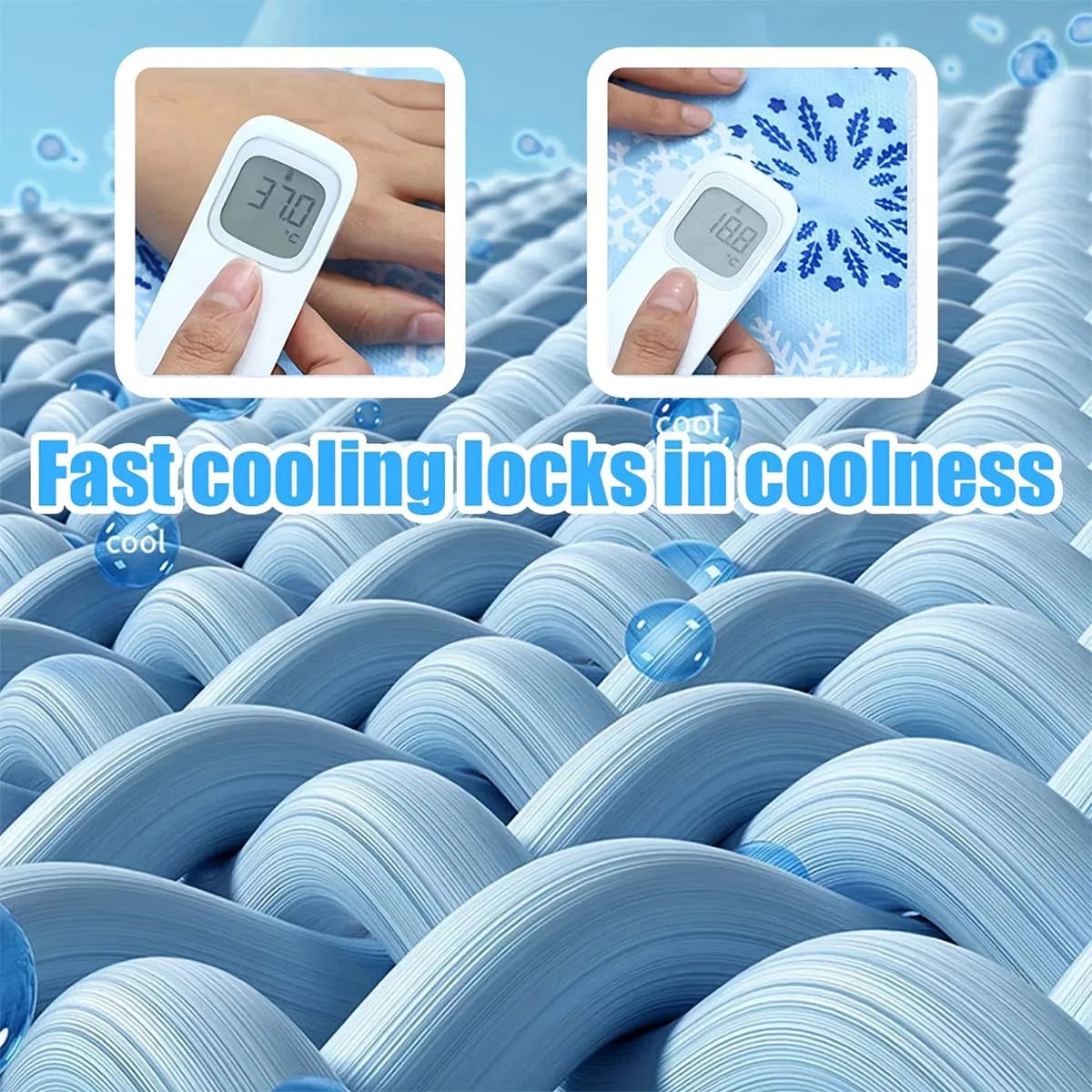 A white pet cooling mat is shown being used to cool a dog or cat, with a digital thermometer displaying 37.0 degrees.