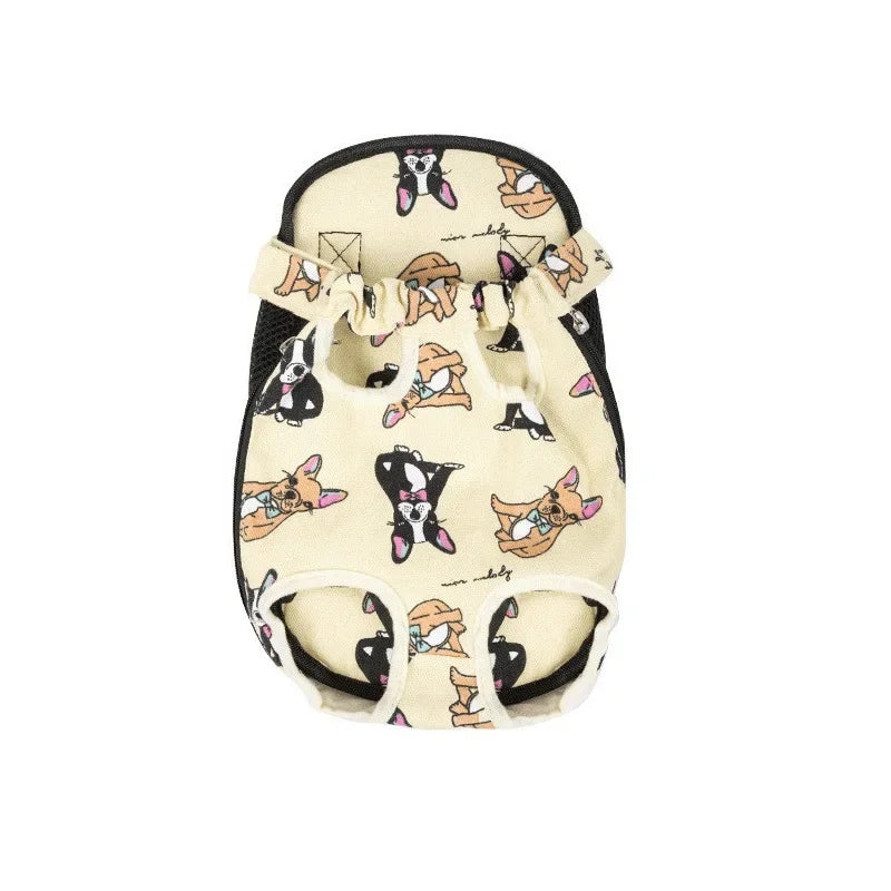 A beige adjustable carrier backpack featuring a pattern of cute cat and dog faces.