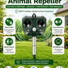 A green solar ultrasonic animal repeller device shown with various animals for context.