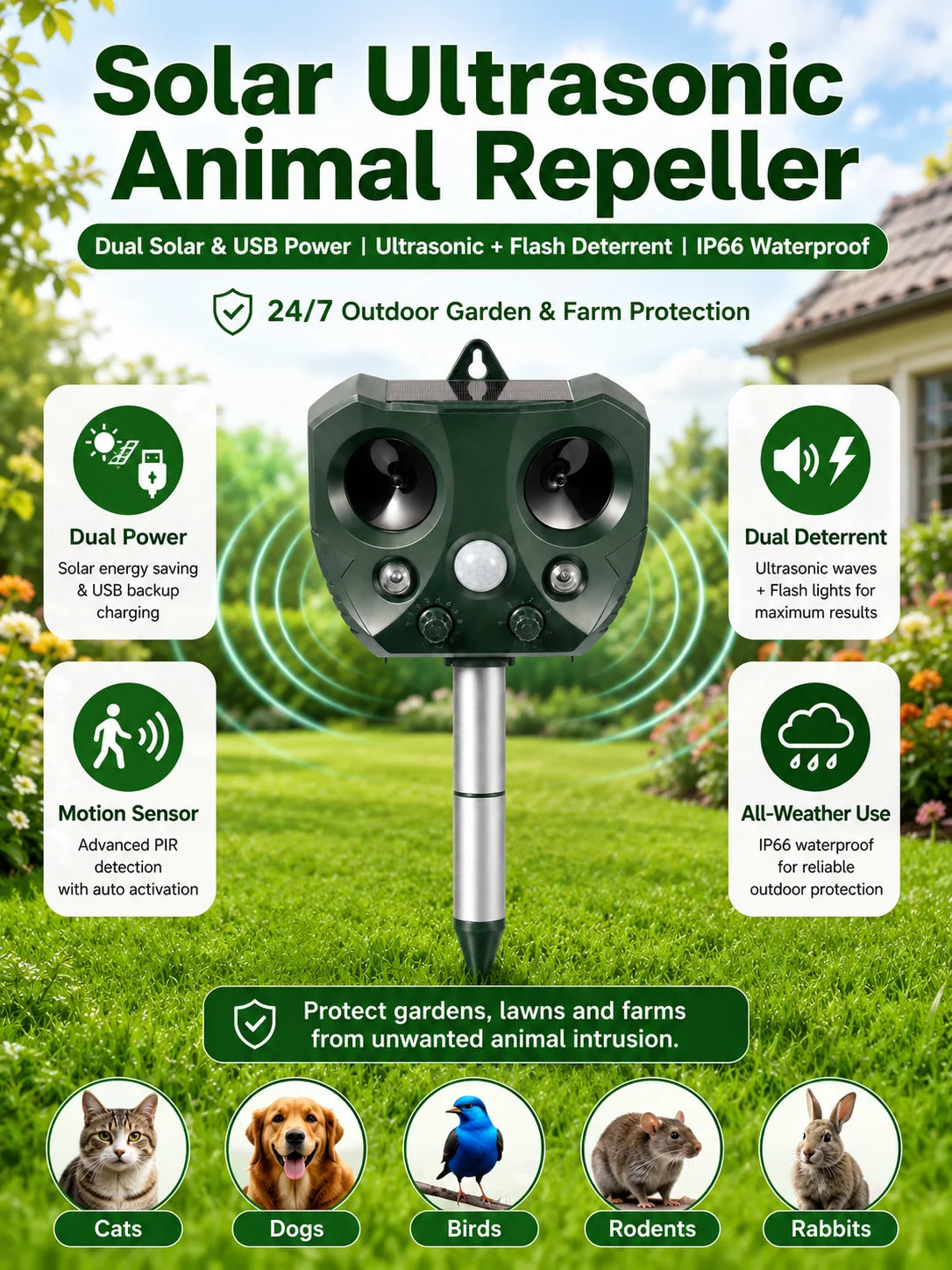 A green solar ultrasonic animal repeller device shown with various animals for context.