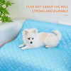 A fluffy white dog is lying on a blue cooling mat with a text overlay encouraging strength and durability.