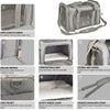 A gray breathable mesh pet carrier backpack with zippers, a cozy mat, and sturdy ABS hooks.