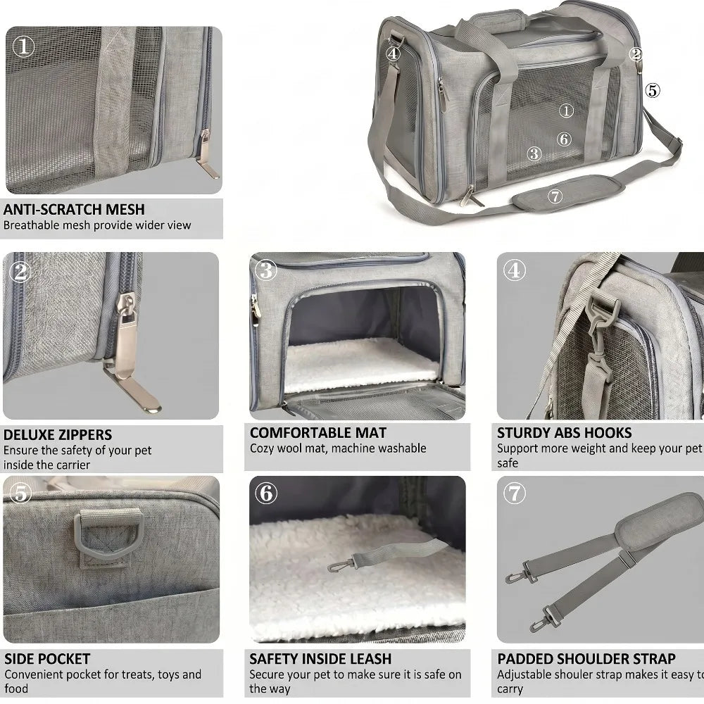 A gray breathable mesh pet carrier backpack with zippers, a cozy mat, and sturdy ABS hooks.