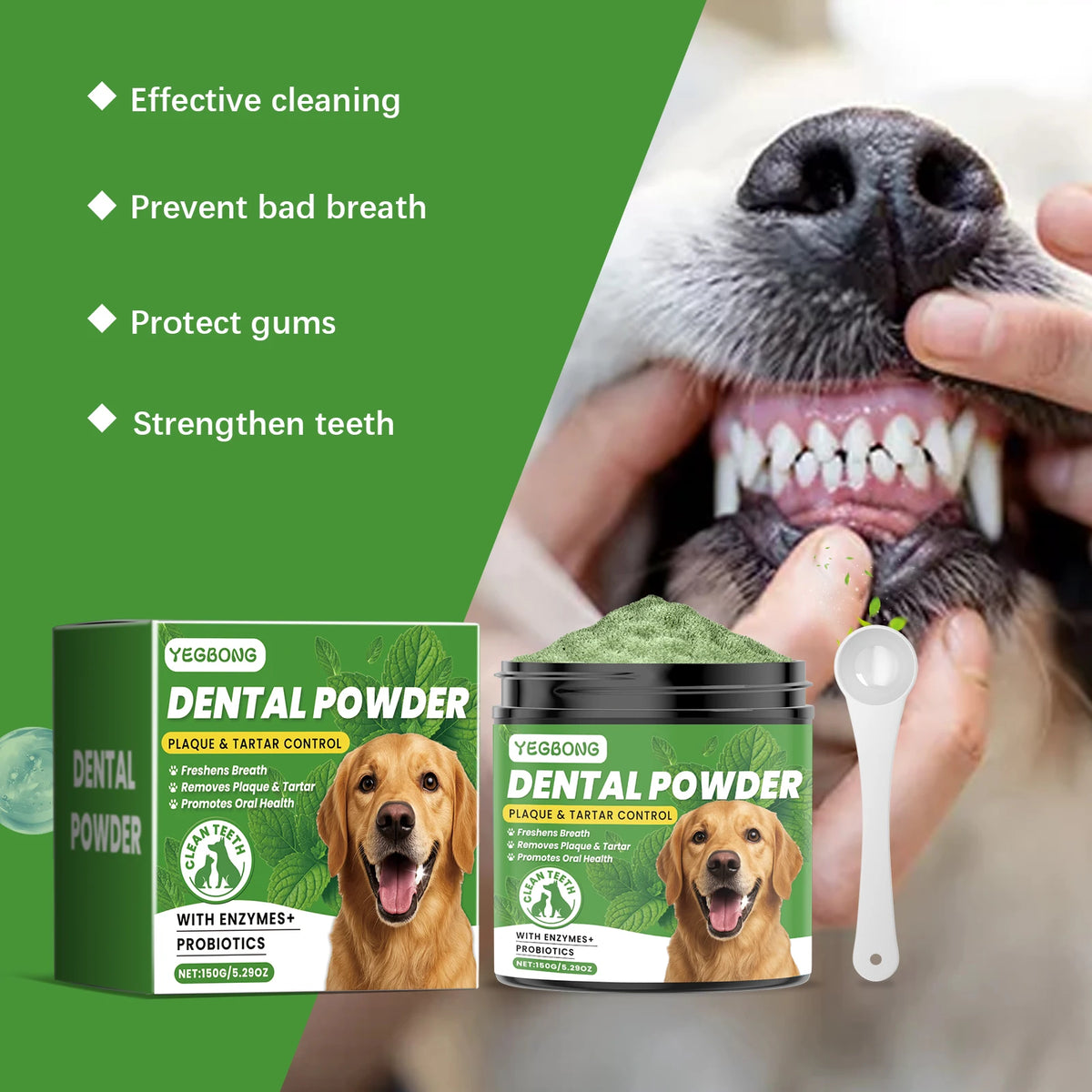 A jar of Yegbong Dental Powder for dogs with a spoon and a dog's mouth being held by a person.