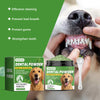 A jar of Yegbong Dental Powder for dogs with a spoon and a dog's mouth being held by a hand.