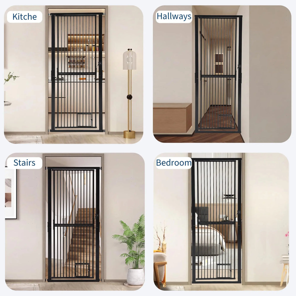 Verschiedene Beispiele eines extra hohen, verstellbaren Katzentores in Küche, Fluren, Treppen und Schlafzimmern.