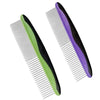 A pair of purple and green stainless steel pet grooming combs for dogs and cats.