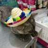 Un gato gris está tumbado junto a un sombrero de paja tejido decorado con rayas coloridas.