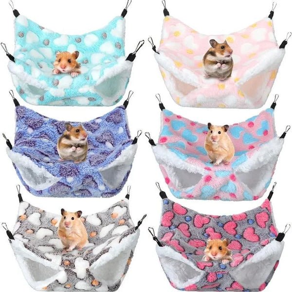 A collection of cozy double-layer fleece hammocks for small pets, featuring various colors and patterns.