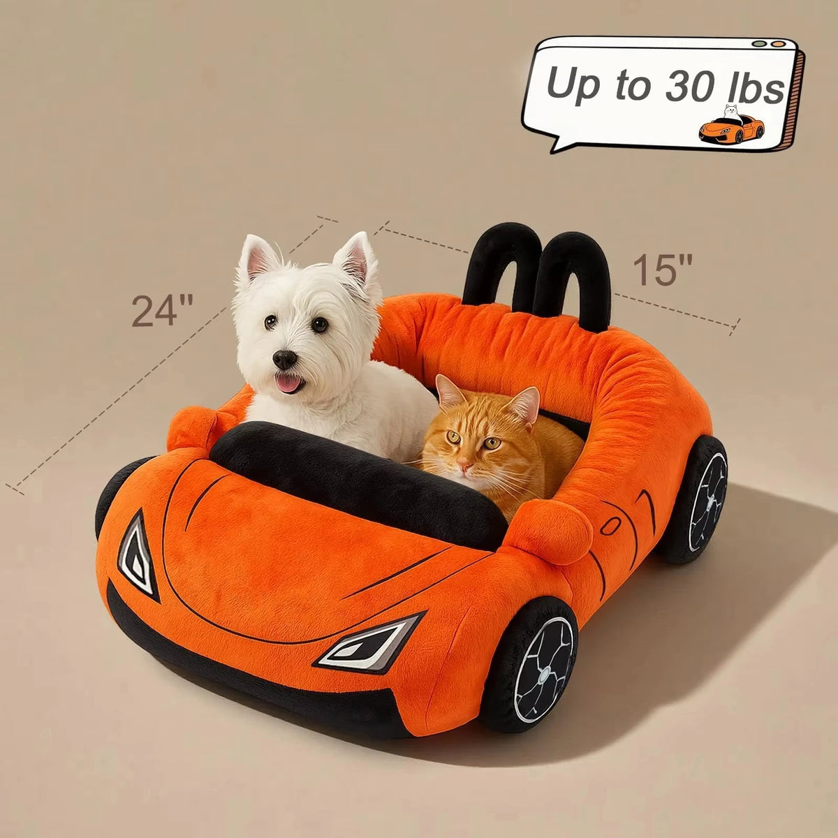 An orange supercar cat bed filled with a white dog and an orange cat, shown in a side view.