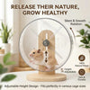 A hamster silent running wheel with a wooden stand is shown, demonstrating an adjustable height design.