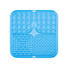 A blue silicone lick mat with a hexagonal pattern for dog bathing and slow food training.