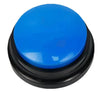 A round, bright blue buzzer or button with a black base for pet communication recording.