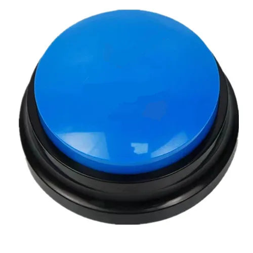 A round, bright blue buzzer or button with a black base for pet communication recording.