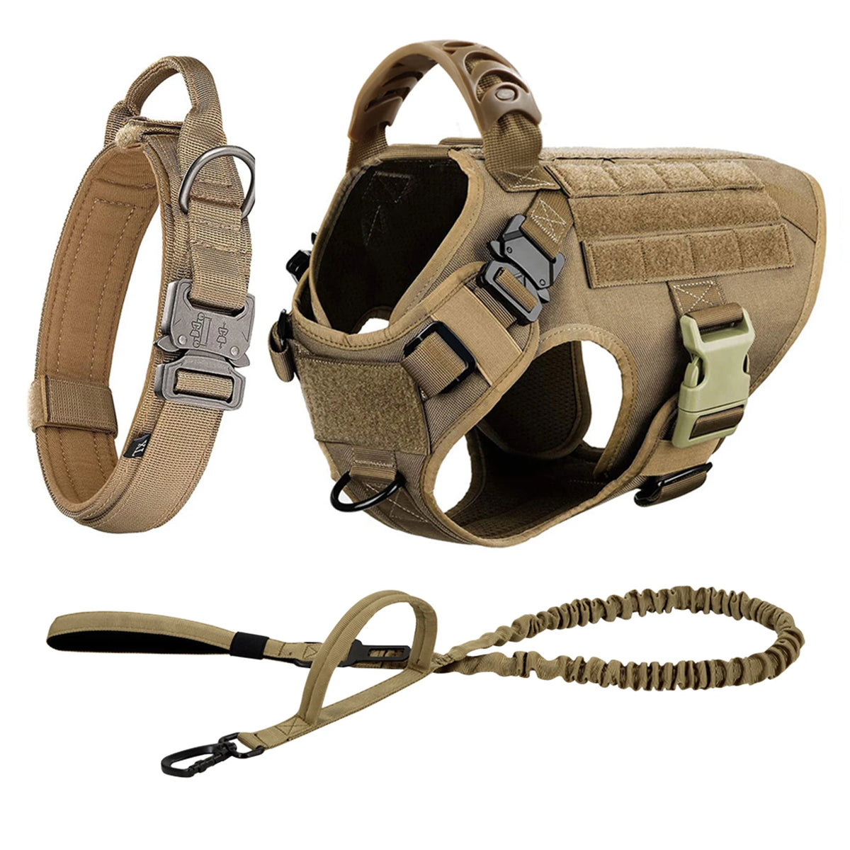 A tan durable dog harness and leash set for training and walking, shown with the harness and a separate leash.