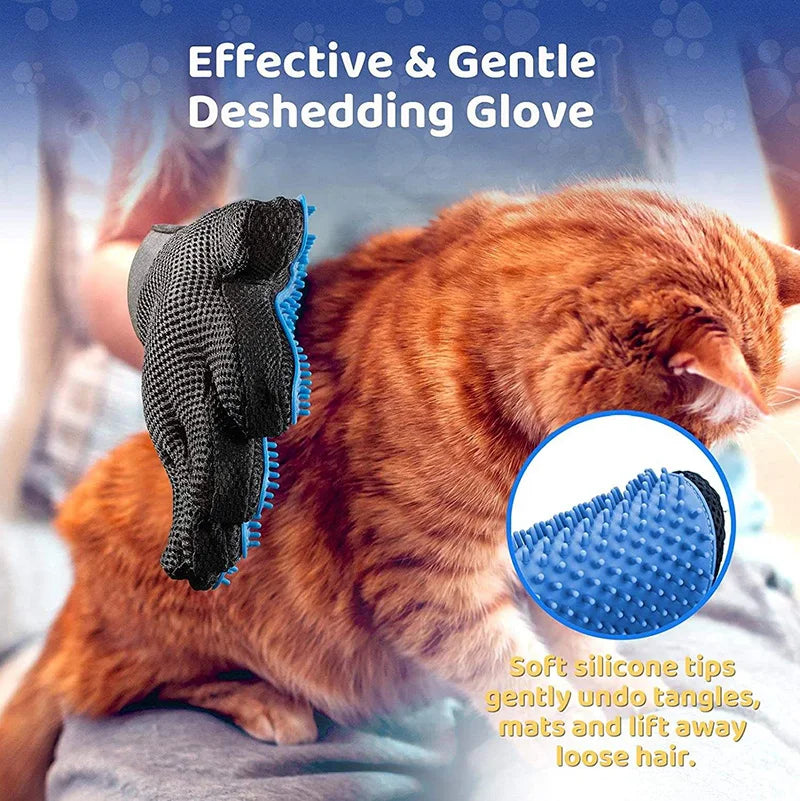 A close-up of a cat being groomed with an effective and gentle deshedding glove featuring soft silicone tips.