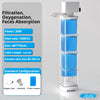 Pompe à air submersible bleue claire avec un dessus blanc, dotée de composants de filtration et d'oxygénation.