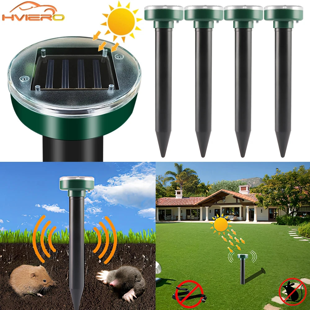 Solar powered ultrasonic pest repeller with multiple nozzles for lawn and garden protection