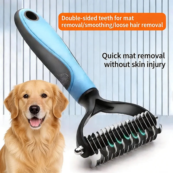 A blue and black double-sided mat removal comb being used on a golden retriever dog.