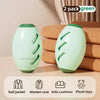 Two green reusable pet hair remover rollers shown next to various fabric items like jackets, coats, cushions, and toys.