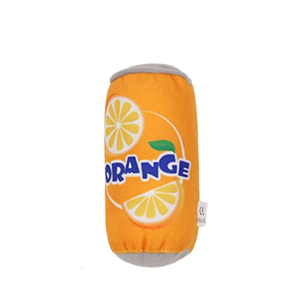 An orange-colored, bottle-shaped squeaky plush dog toy with a sliced lemon design.
