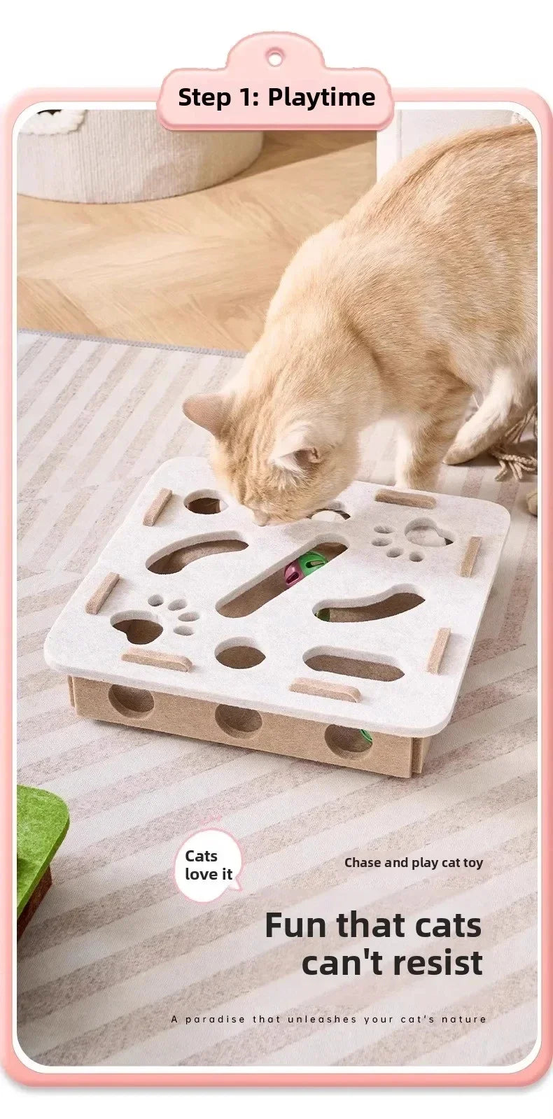 A cat is playing with an interactive puzzle toy designed for indoor playtime.