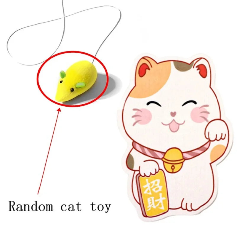 A cute, round yellow cat toy is shown being attached to a string, next to a sticker of a smiling cartoon cat.